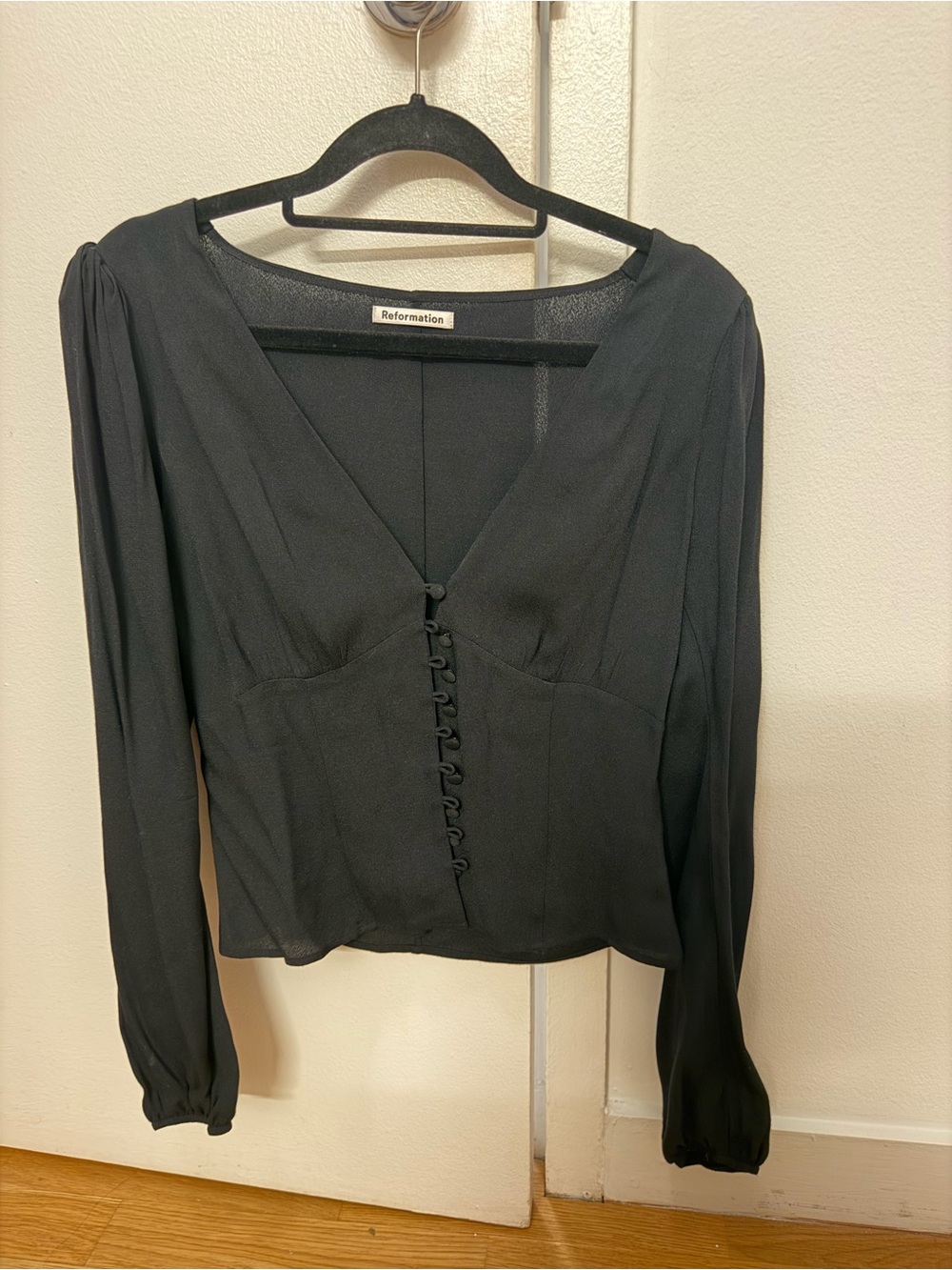 Reformation Black Long-Sleeve V-Neck Button-Front Blouse